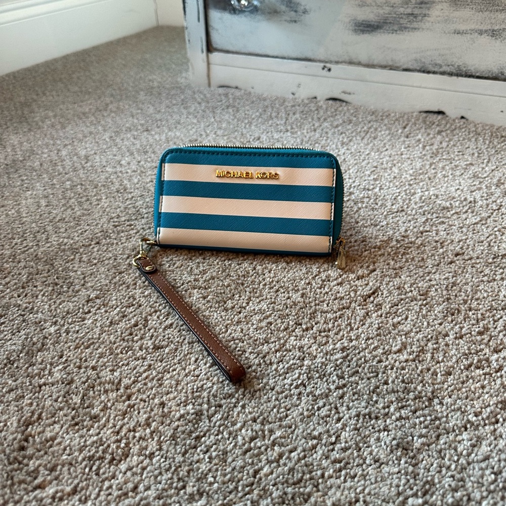 Michael Kors Teal and Cream Striped Wallet